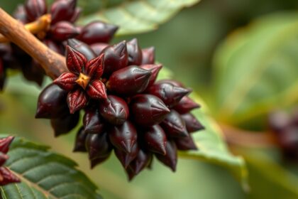 Szegfűbors növény tüskékkel és zöld levelekkel