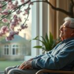 Idős férfi ül egy székben, virágzó fa előtt, naplementében.