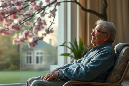 Idős férfi ül egy székben, virágzó fa előtt, naplementében.