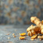 Aszalt gyömbér darabok egy szürke háttér előtt, tápláló snack