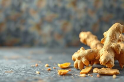 Aszalt gyömbér darabok egy szürke háttér előtt, tápláló snack