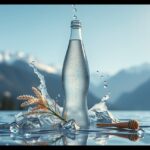 Füredi savanyúvíz palack, friss víz és természetes elemek egy gyönyörű tájban.