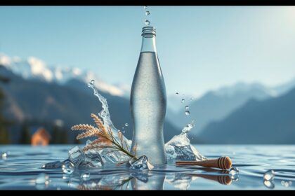 Füredi savanyúvíz palack, friss víz és természetes elemek egy gyönyörű tájban.