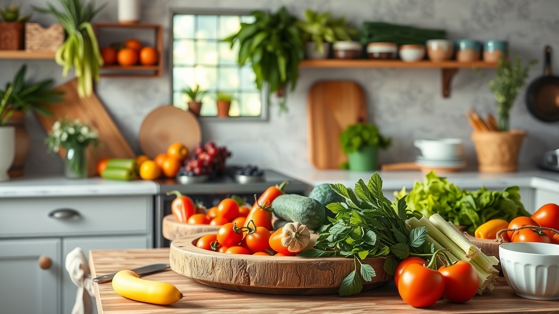Friss zöldségek és gyümölcsök a konyhában az egészséges főzéshez