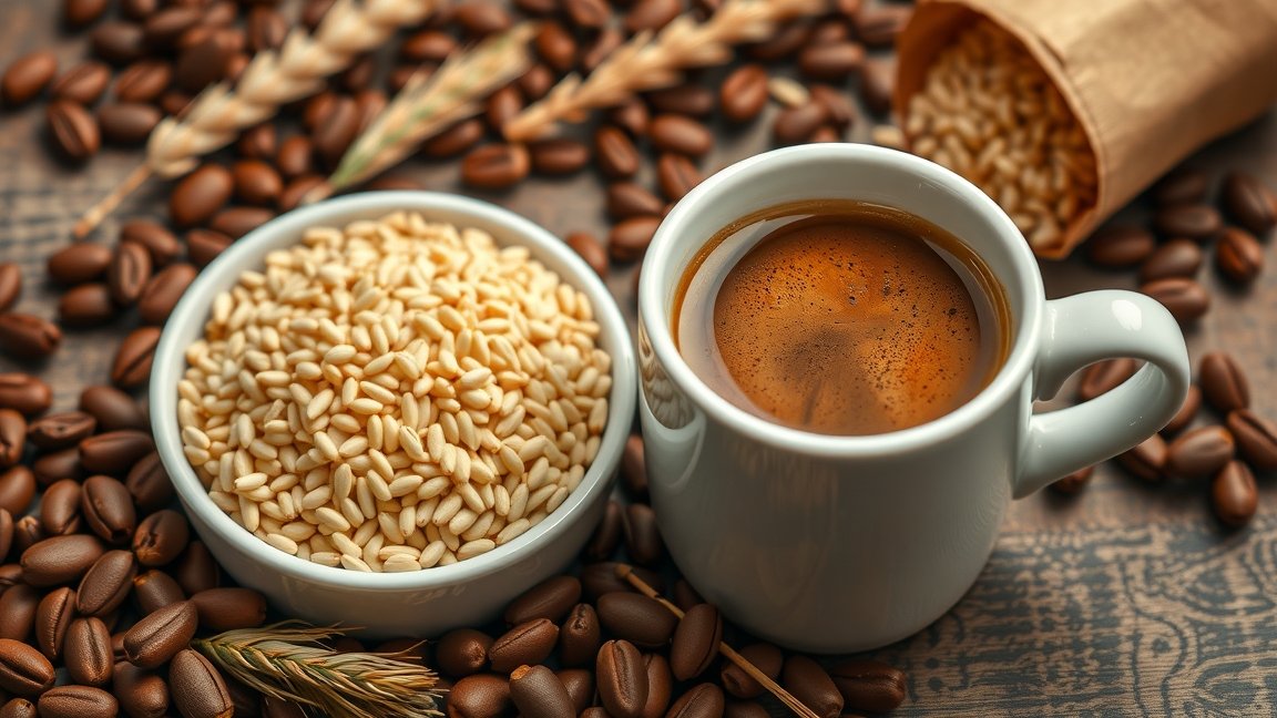 Koffeinmentes gabonakávé tálban és csészében, egészséges alternatíva.