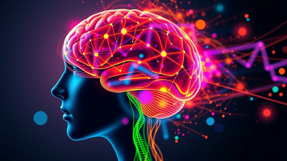 Színes érzelmi agy grafikája, amely a memória és koncentráció javítását szimbolizálja.