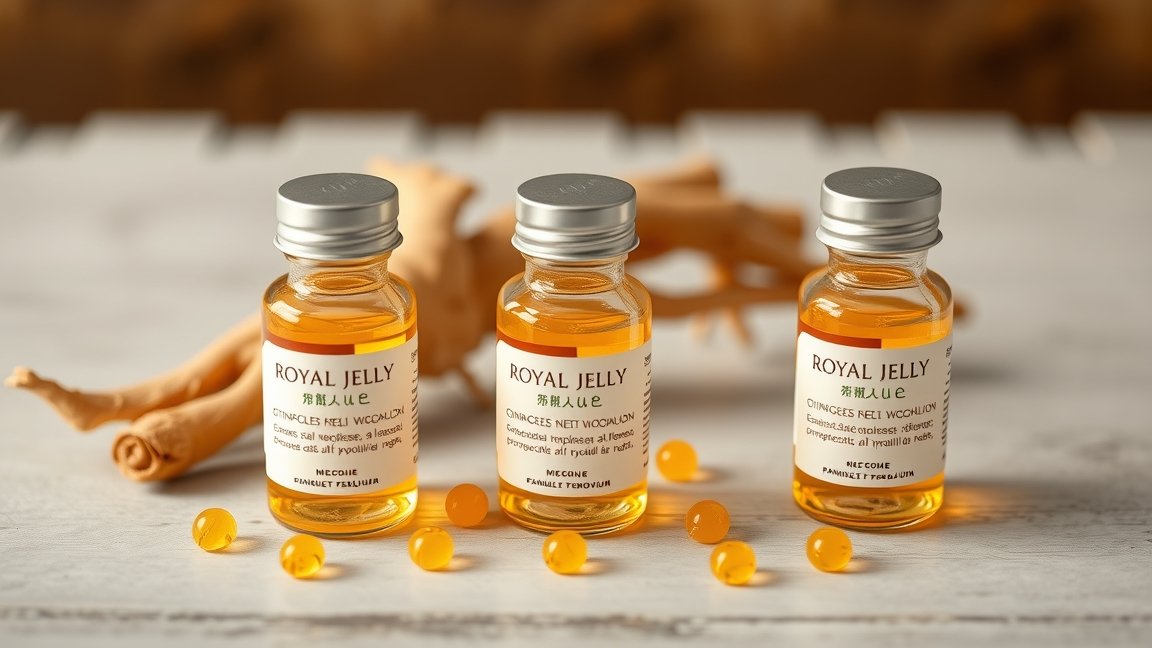 Ginzeng és méhpempő ampulla, természetes egészségmegőrző termékek.