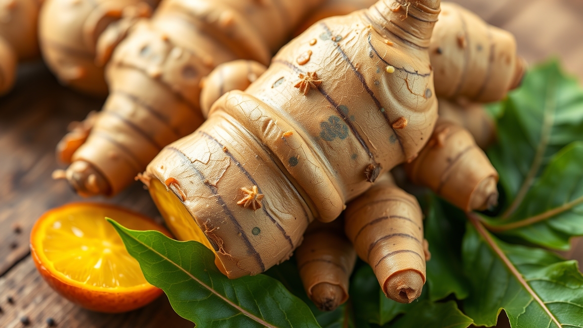 Friss gyömbér gyökérlevelekkel és narancs szeletekkel.