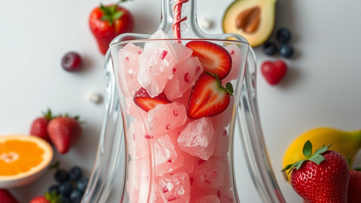 Friss gyümölcsökből készült smoothie jéggel és szívószállal.