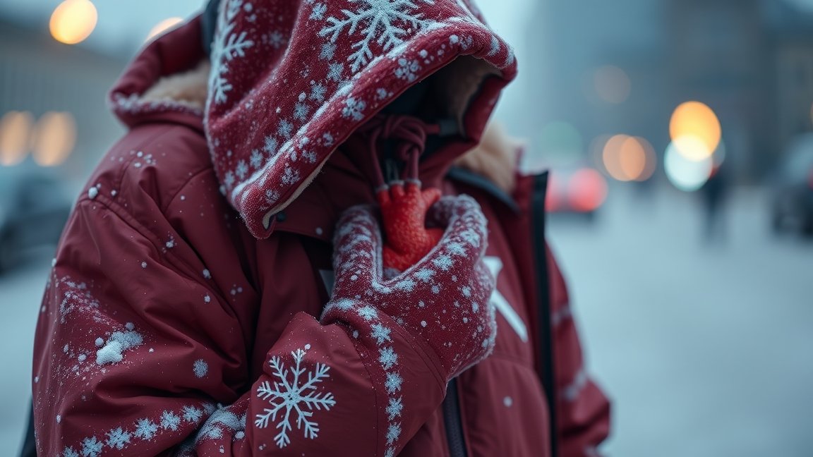Ember meleg téli ruhában, hideg időjárásban, szívét védve.