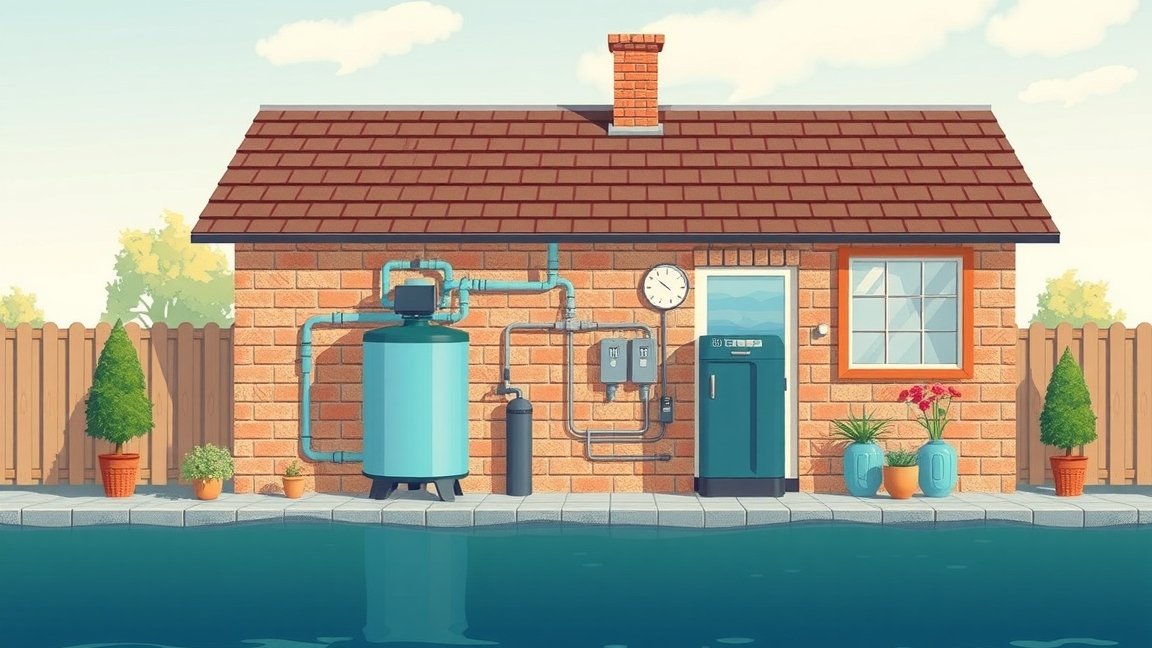 Gyantás vízlágyító berendezés ház szélén, vízkezelés