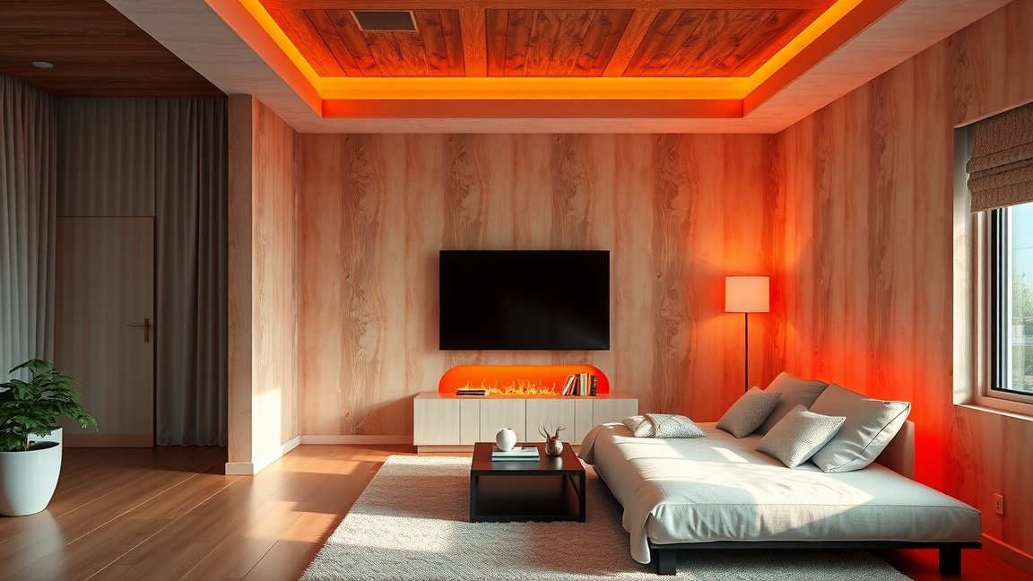 Modern nappali infrapanel fűtéssel és stílusos dekorációval.