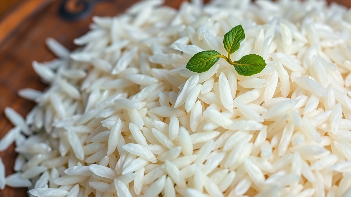 Jázmin rizs tálcán, friss zöld levéllel díszítve.
