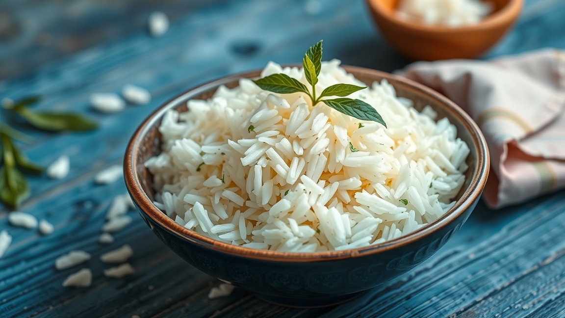 Illatos jázmin rizs tálban, friss fűszerekkel díszítve.