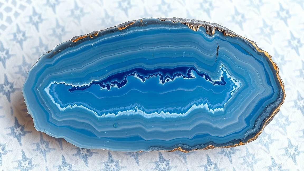 Kék csipkeachát kő részletes nézetben, nyugtató színekkel.