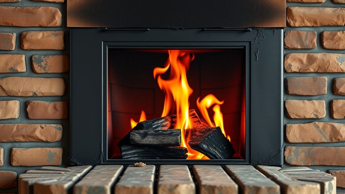 Kéményből lobogó tűz és fűtőfa a tűzhelyen