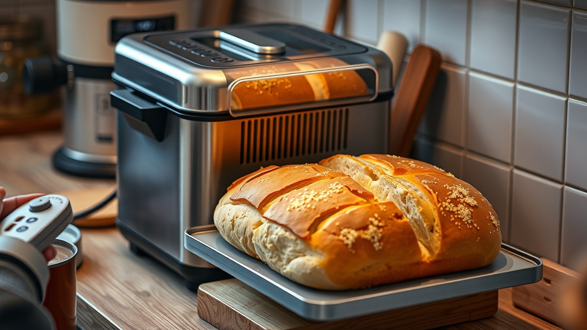 Friss kenyér egy kenyérsütő gépből kiemelve konyhai környezetben.