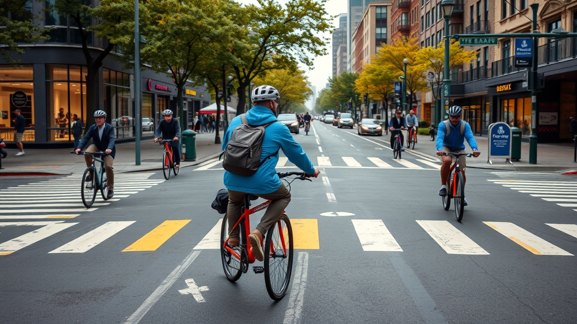 Kerekparosok varosban, biztonsagos kozlekedes az utcan.