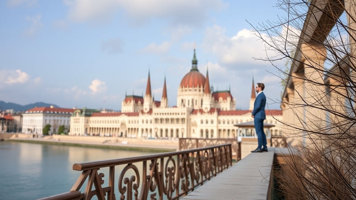 Üzletember a parlament előtt, a Kkt. alapítás előnyeiről és hátrányairól gondolkodik.