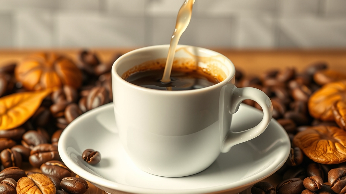 Koffeinmentes kávé csésze kávézóban, körülötte kávébabra és babokkal.