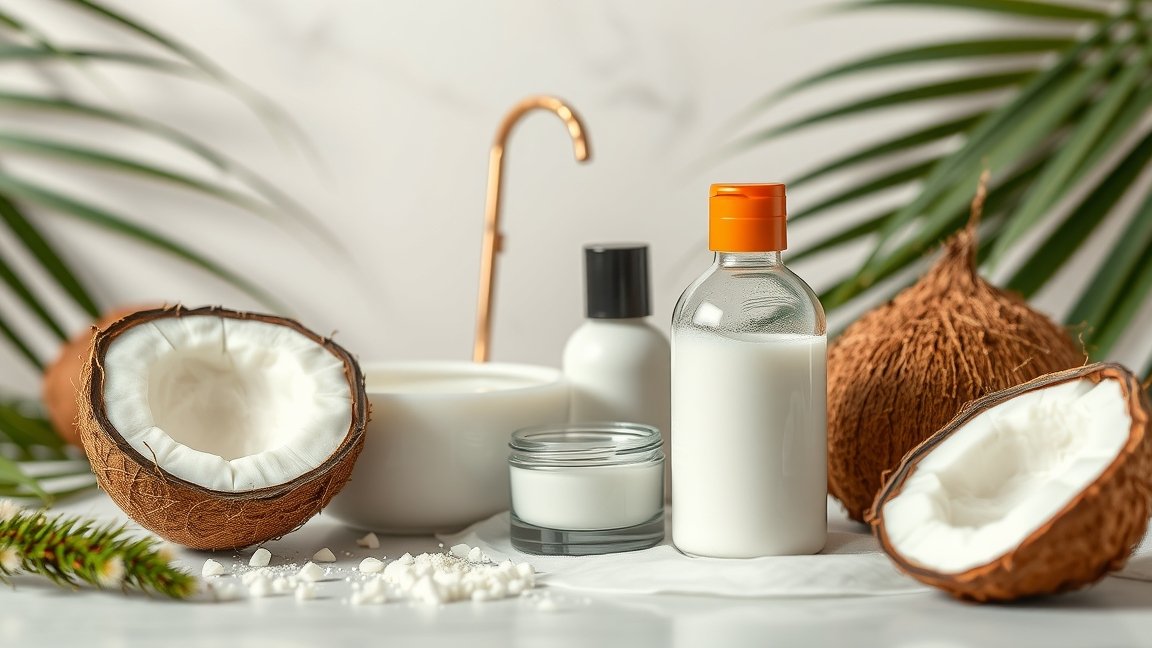 Kókusztej és bőrápolási termékek asztalon, zöld levelekkel.