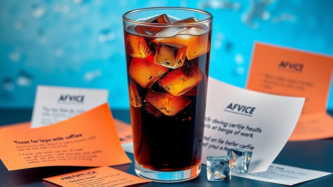 Kóla jégkockákkal, egészségi hatásokról szóló tippekkel körülvéve.