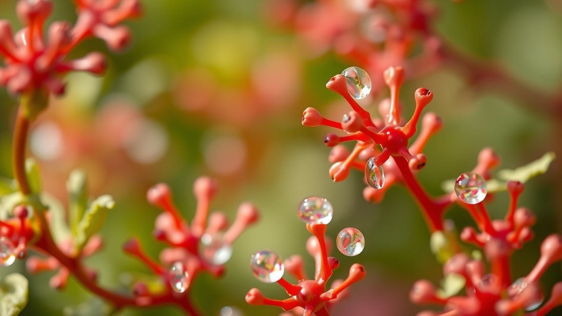Vizes csepppekkel díszített vörös növényágak közeli képe
