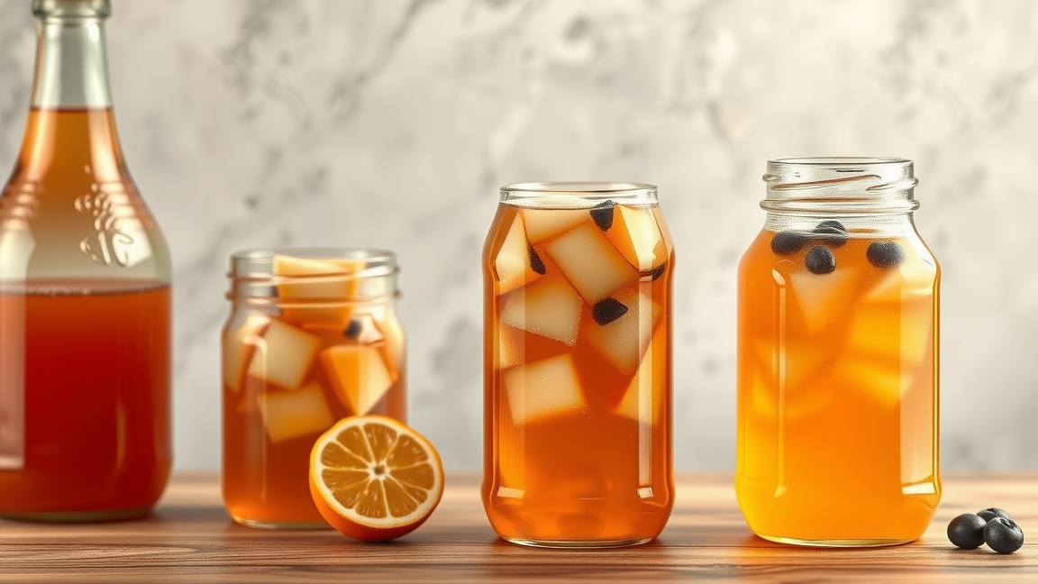 Frissítő kombucha fermentált ital gyümölcsökkel tálalva