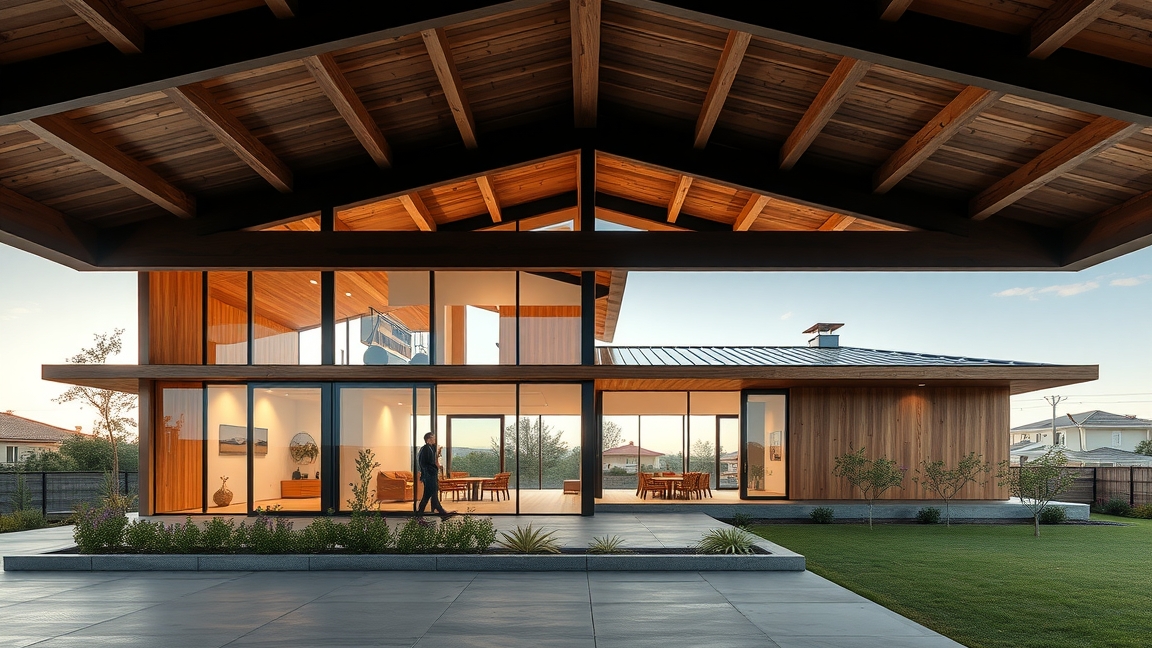 Könnyűszerkezetes ház modern designnal és széles üvegfelületekkel.