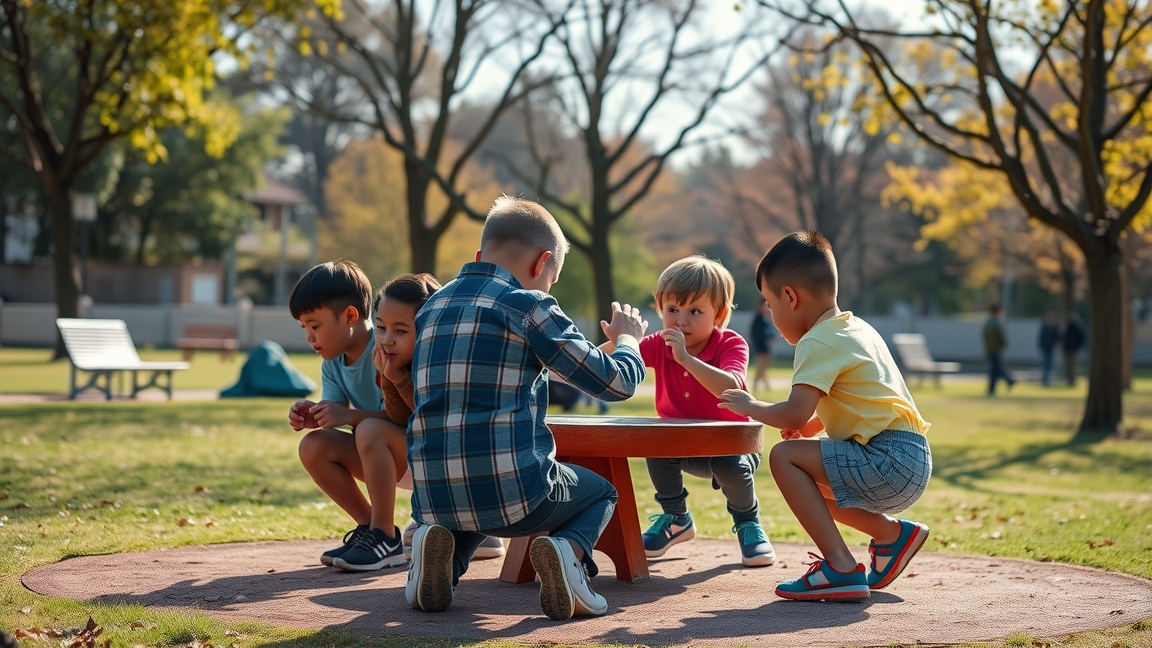 Gyermekek körjáték közben a parkban, kognitív fejlesztés