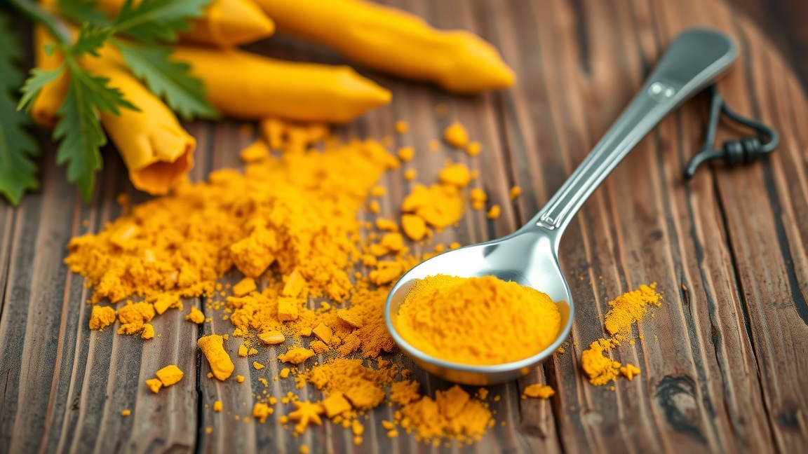 Kurkuma por és friss kurkuma gyökér egy kanálon, fából készült asztalon.