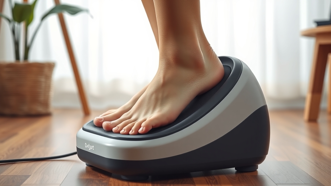 Lábmasszírozó gép használata otthoni relaxációhoz és fájdalomcsökkentéshez.