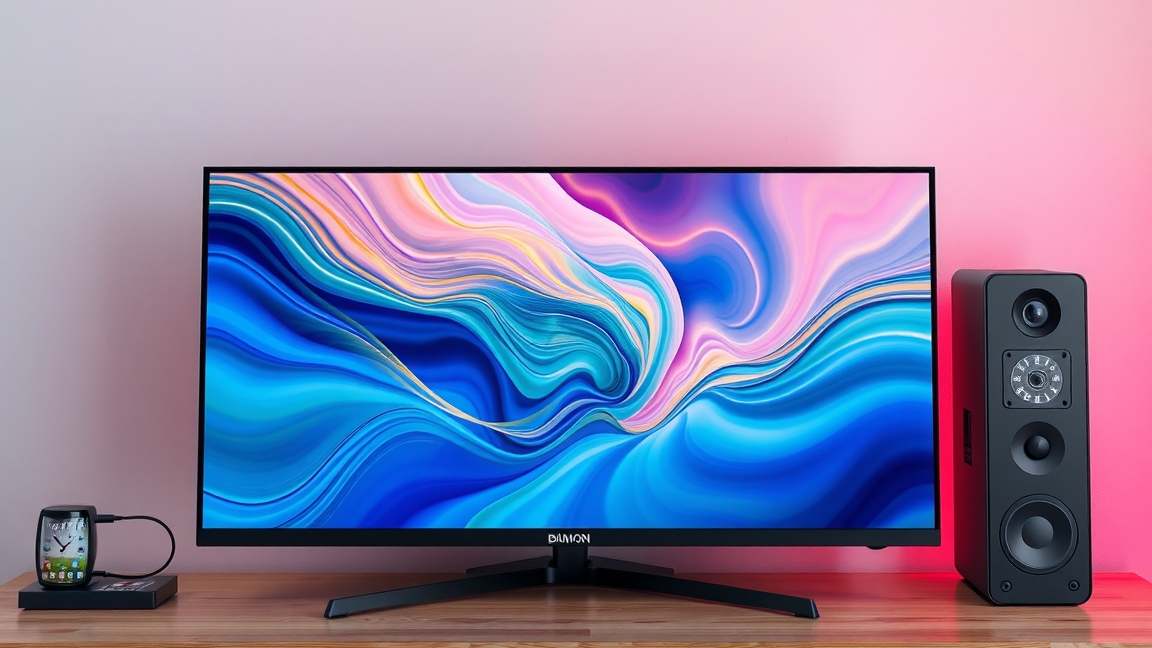 Modern LED monitor színes háttérvilágítással és hangszórókkal