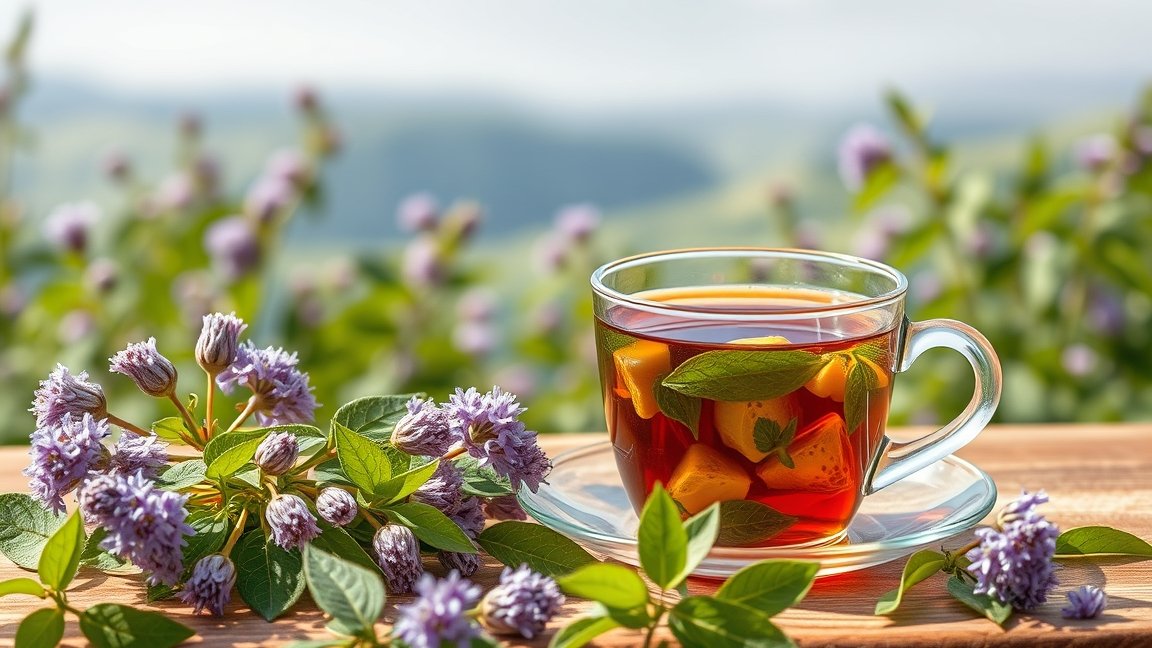 Lestyán tea in a glass cup with herbs and flowers around it