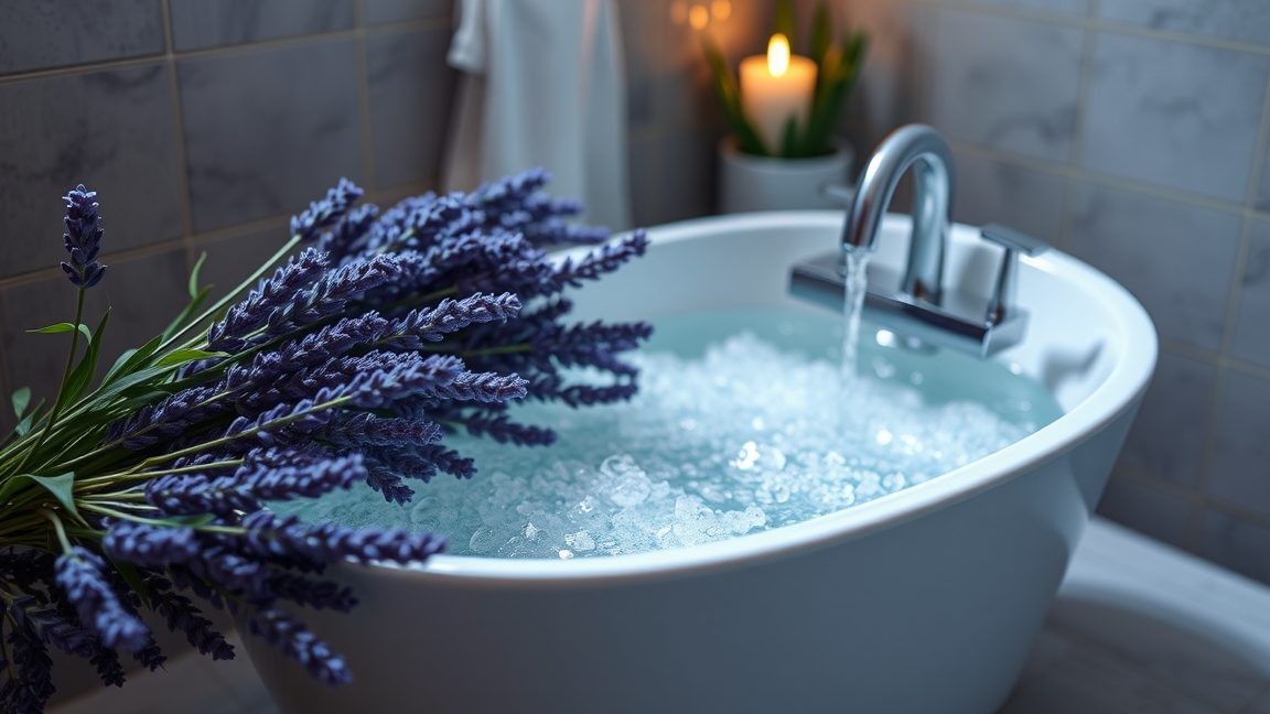 Levendulás fürdősó a fürdőkádban, aromaterápia és relaxáció.