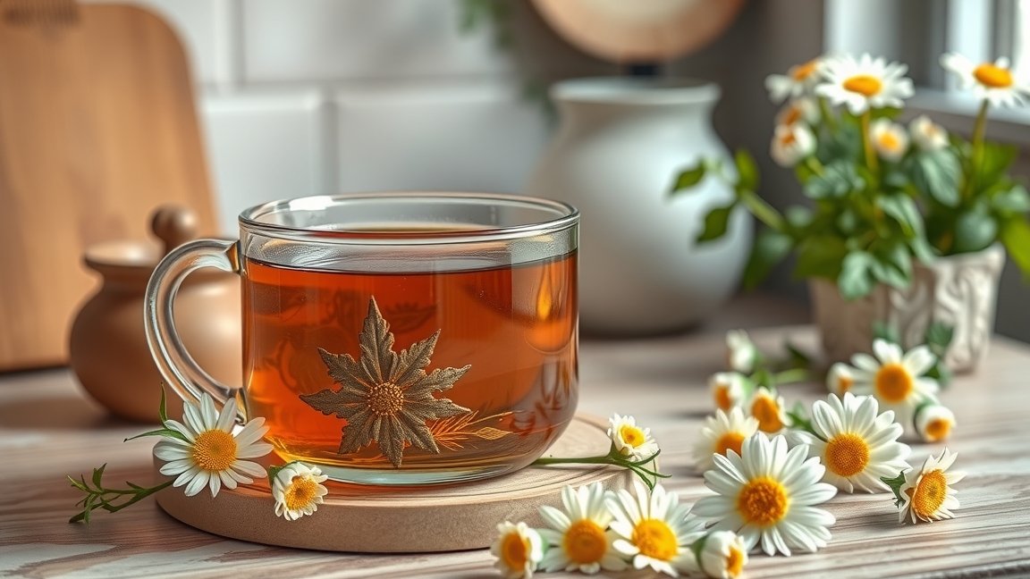 Libapimpó tea in a glass cup with daisies and natural elements.
