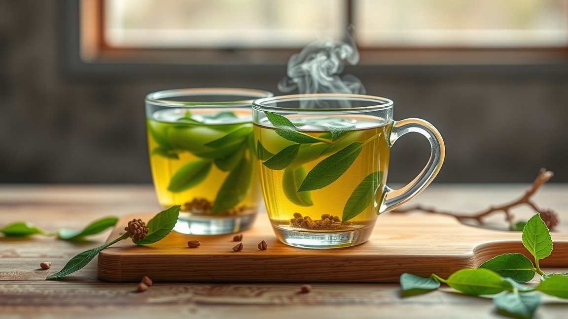 Két csésze gőzölgő maté tea zöld levelekkel