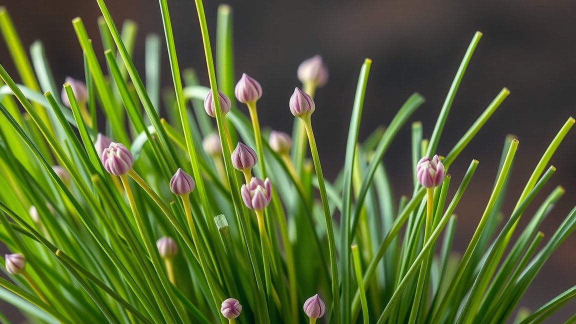 Friss metélőhagyma virágai és zöld levelei közelről.
