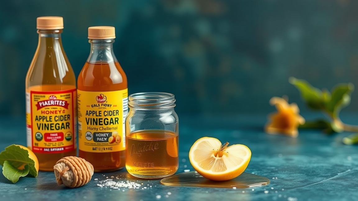 Méz és almaecet üvegek a konyhában, friss citrommal és mézzel.