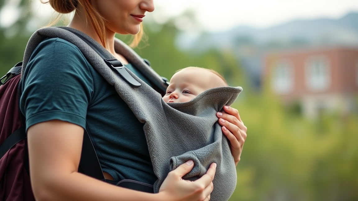 Ergonomikus Minimonkey hordozókendőben babát hordozó szülő