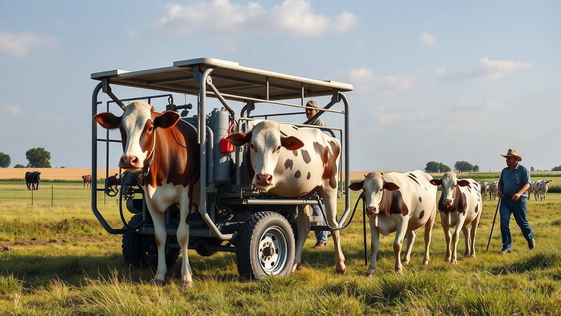 Mobil sajtáros fejőgép tehenekkel a mezőn