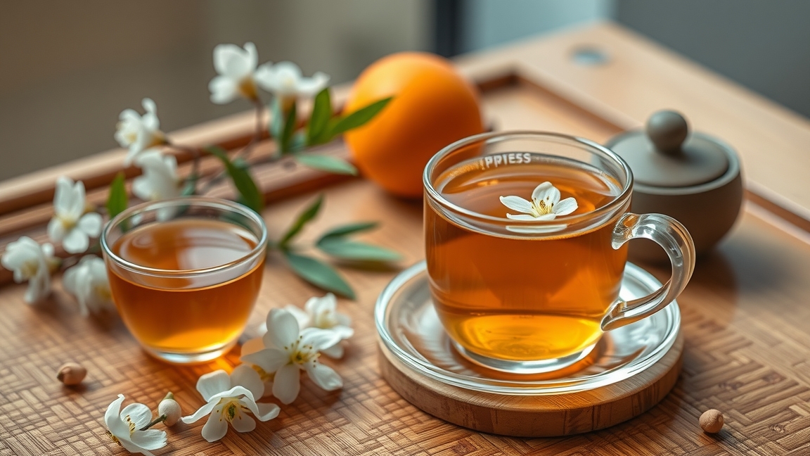 Narancsvirág tea virágokkal és egy narancs gyümölccsel