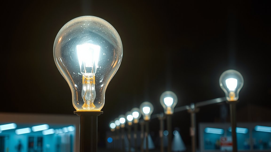 Nátriumlámpa közvilágításban, világító oszlopok egy sorban