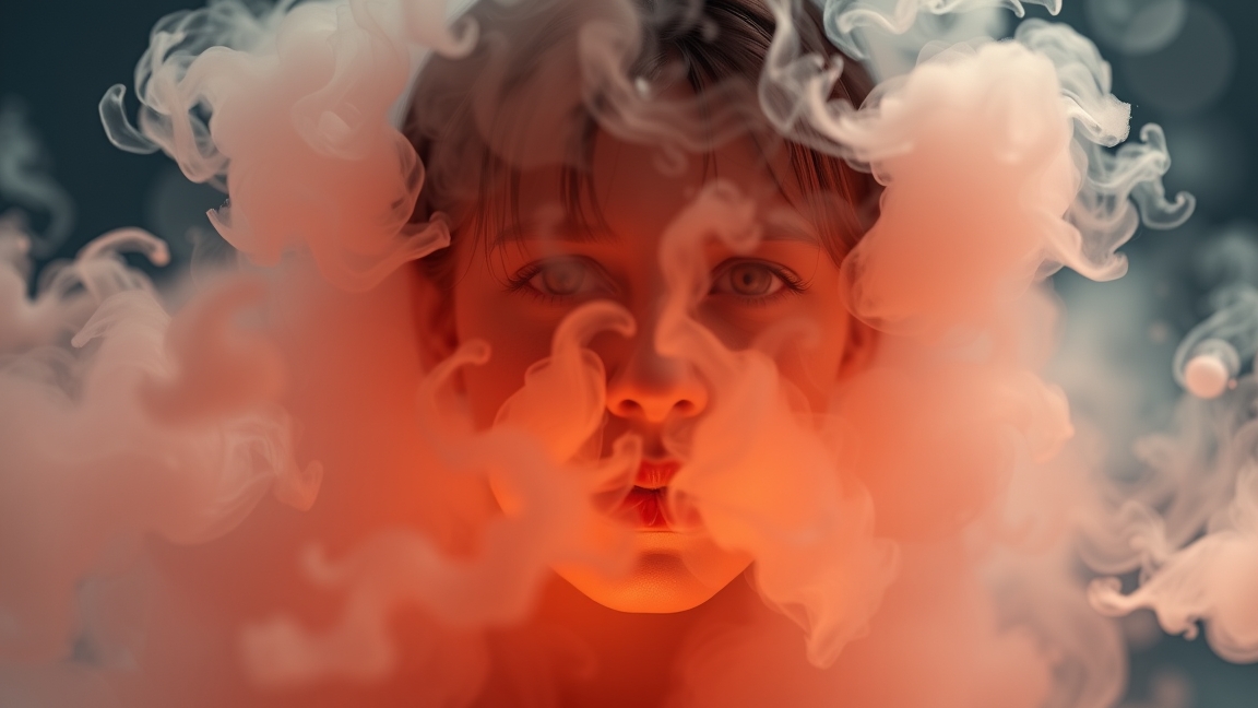 Lány arca füstben, a nitrogén-monoxid hatásainak szimbóluma.
