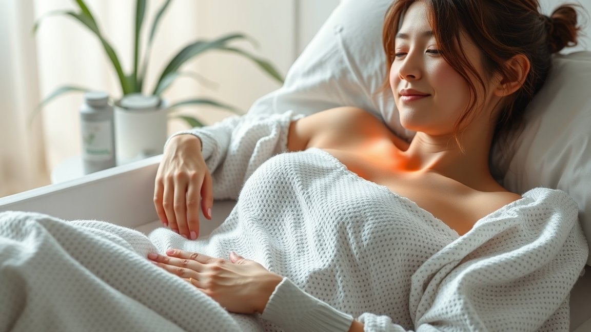 Fiatal nő pihen, görcsoldó hatású gyógyszert használva