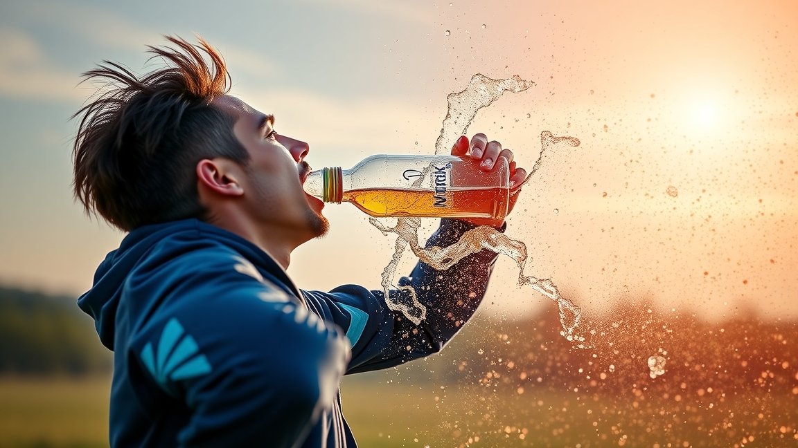 Egy fiatal férfi Nutridrinket iszik a naplementében, energikus és egészséges életmódot sugallva.