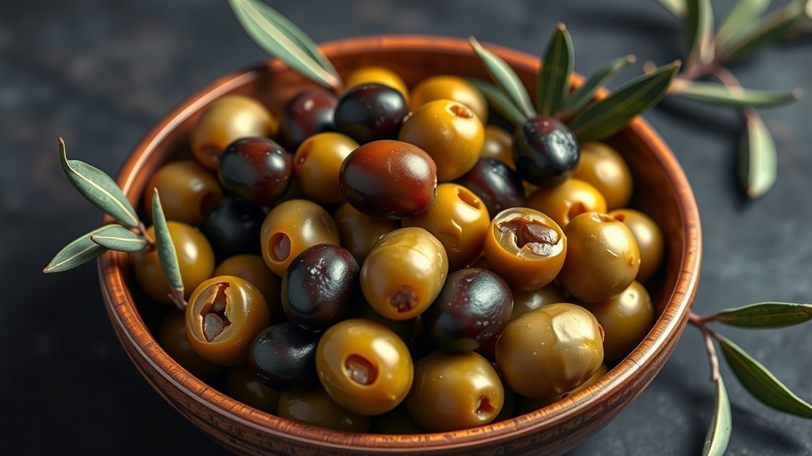 Friss olívabogyók tálban, egészséges nassolnivaló.