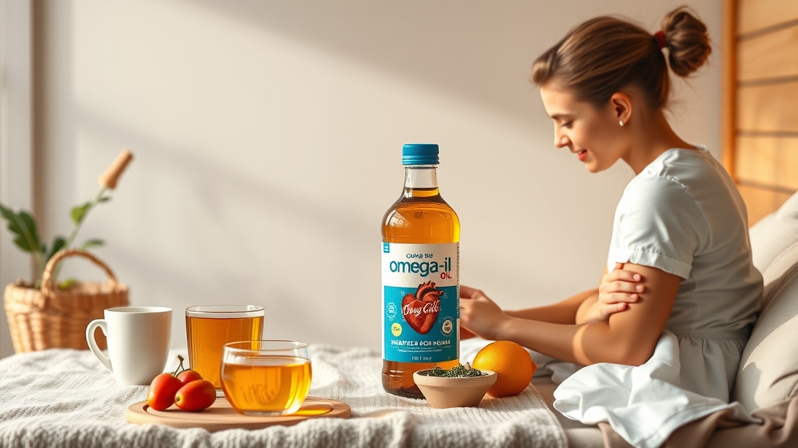 Nő omega-3 olajjal és egészséges ételekkel egy asztalon