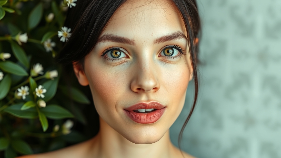Fiatal nő arca orvosi zsályával körülvéve, ragyogó bőrápolás