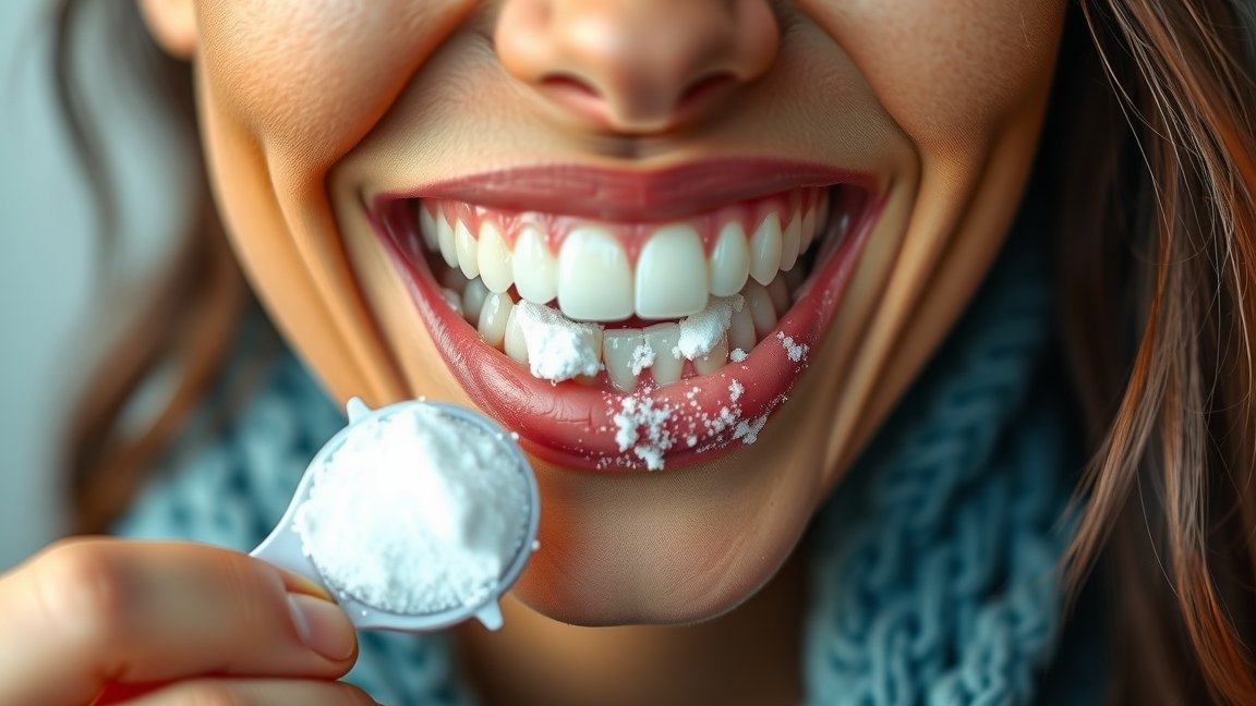 Nő fogfehérítés szódabikarbónával, ragyogó mosoly